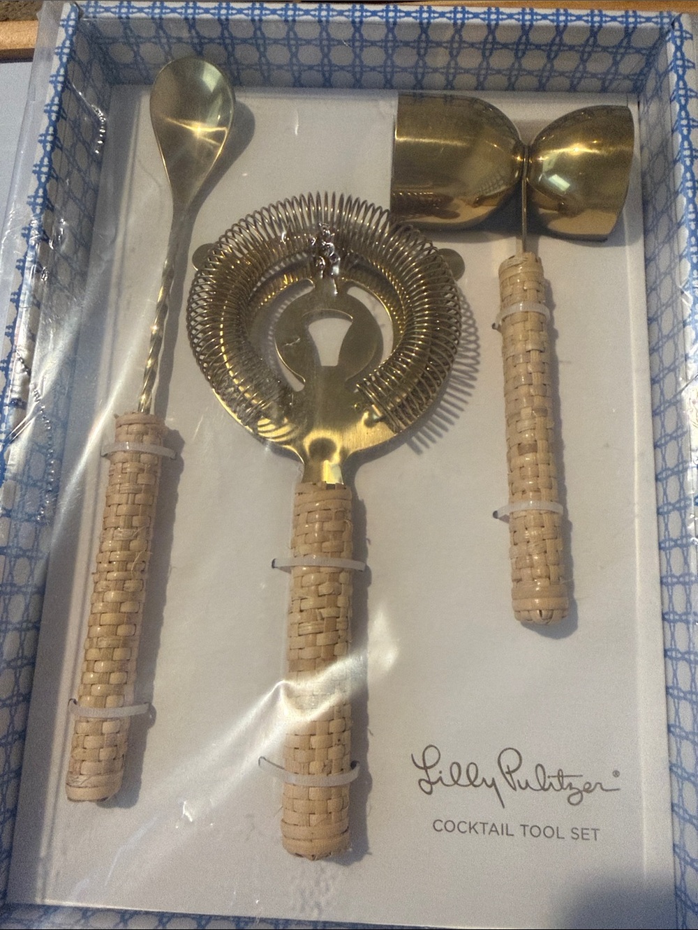 Lilly Pulitzer Gold-Tone Bar Tool Set with Cream Woven Handles